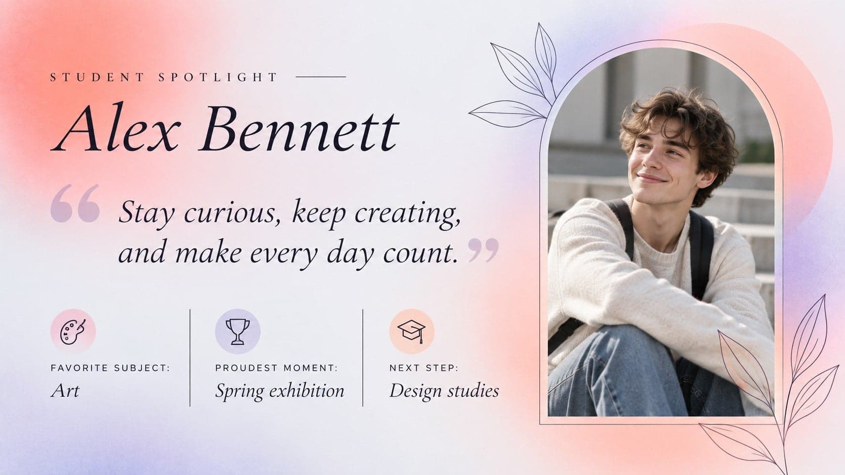 Student spotlight page from a modern graduation memory book with a portrait, quote, and personal highlights.