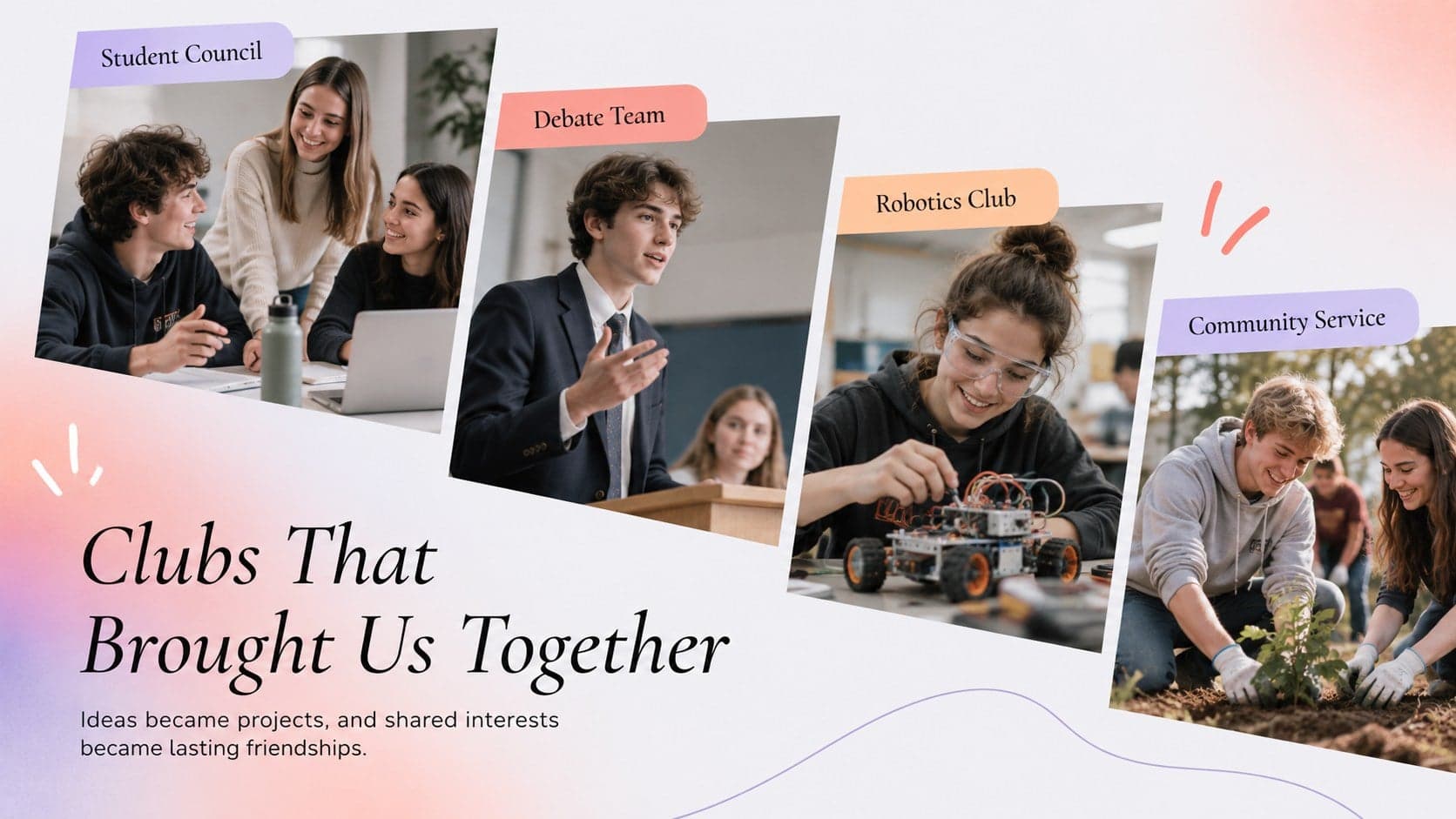 Yearbook clubs and activities spread with photo tiles for student council, debate, robotics, and service.