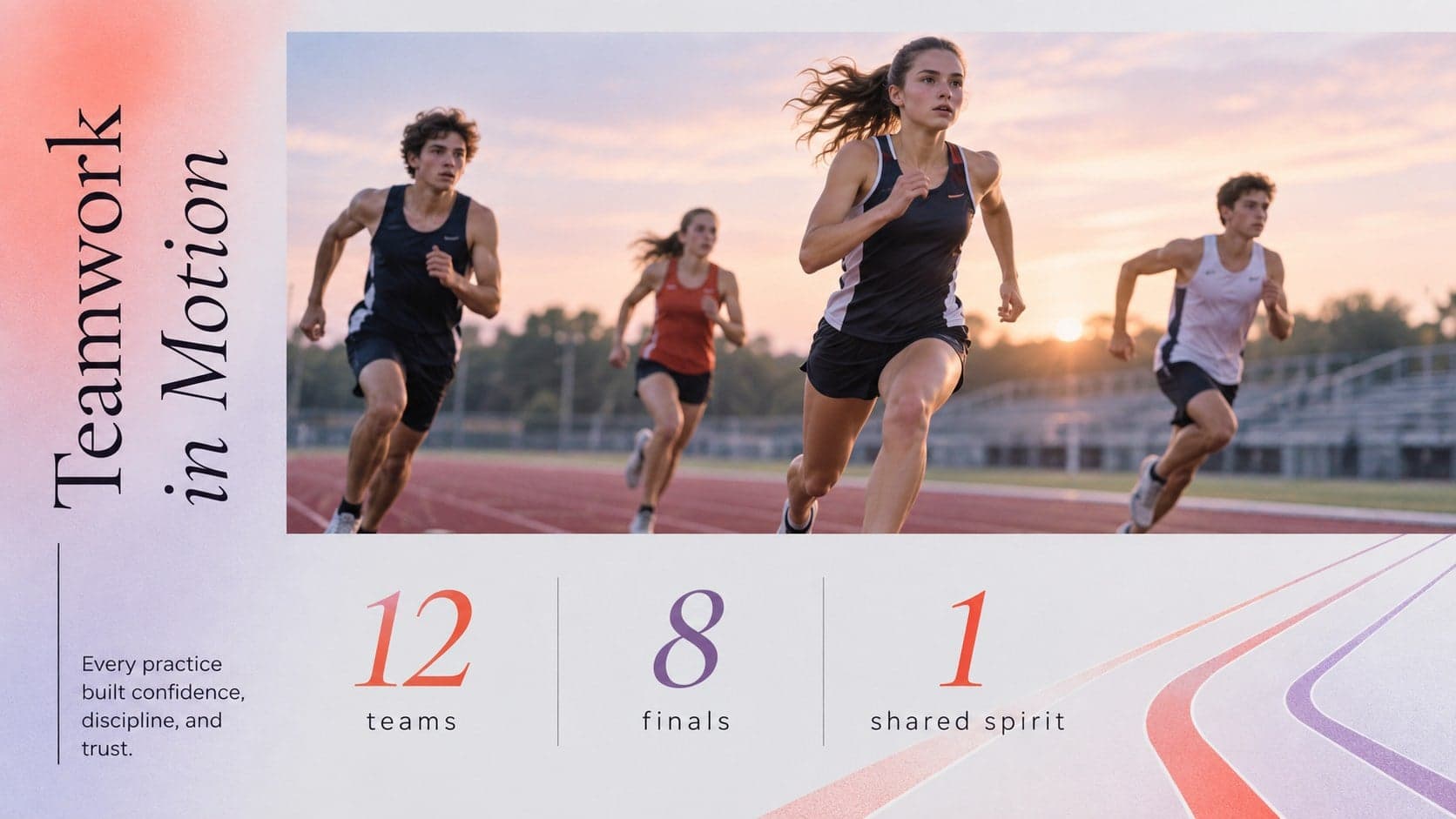 High school memory book athletics page with action photography, team highlights, and red-purple accents.