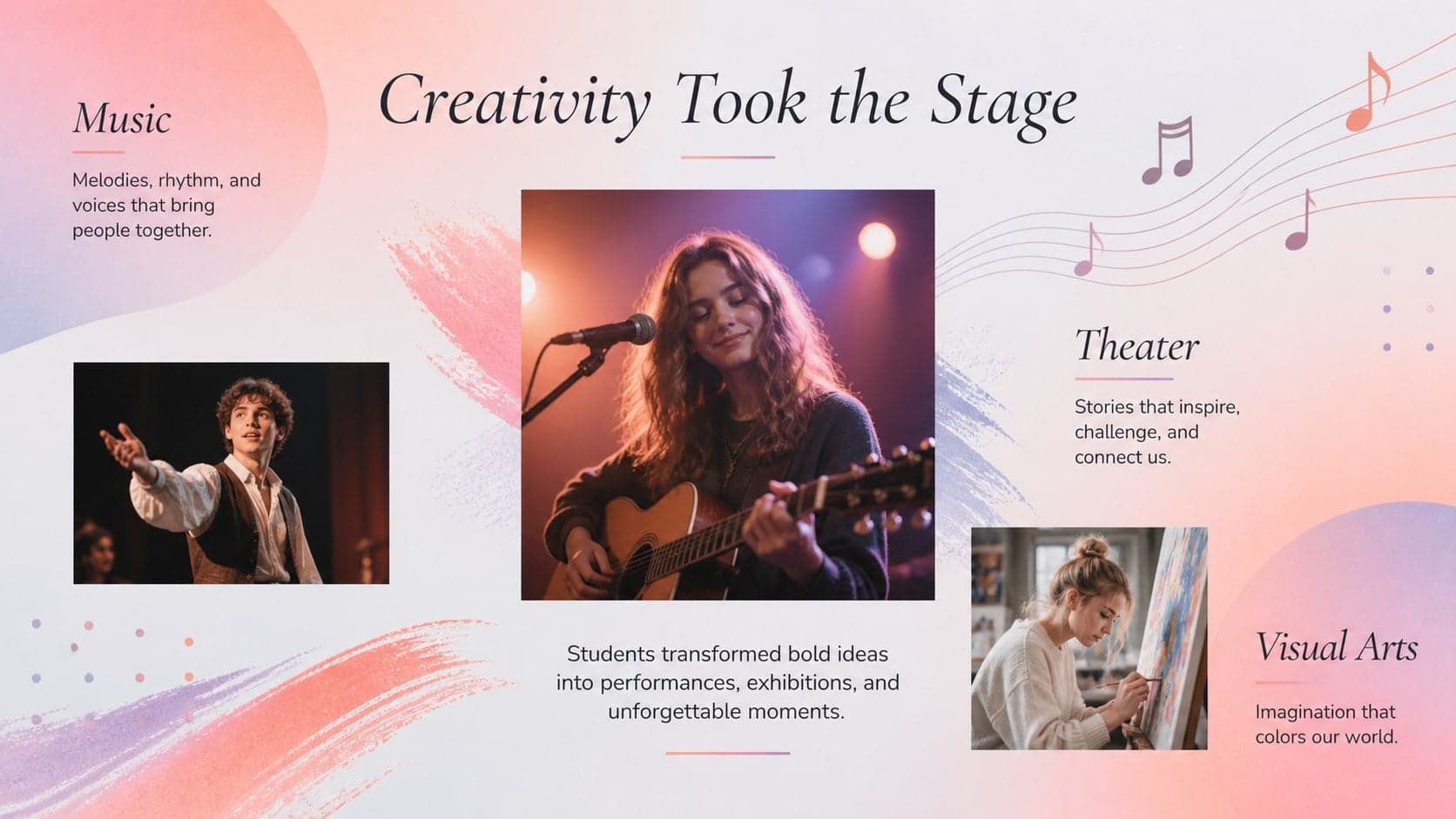 Pastel gradient yearbook design highlighting music, theater, and visual arts performances.