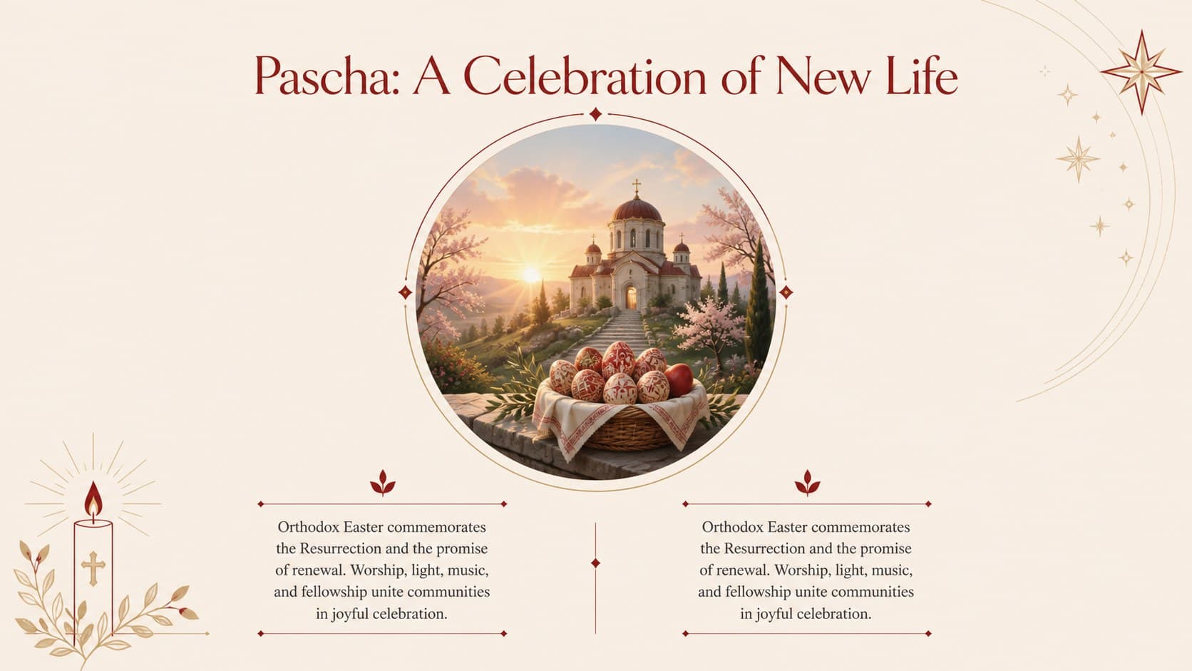 Pascha meaning slide with symbolic candle and sunrise illustrations in red and nude.