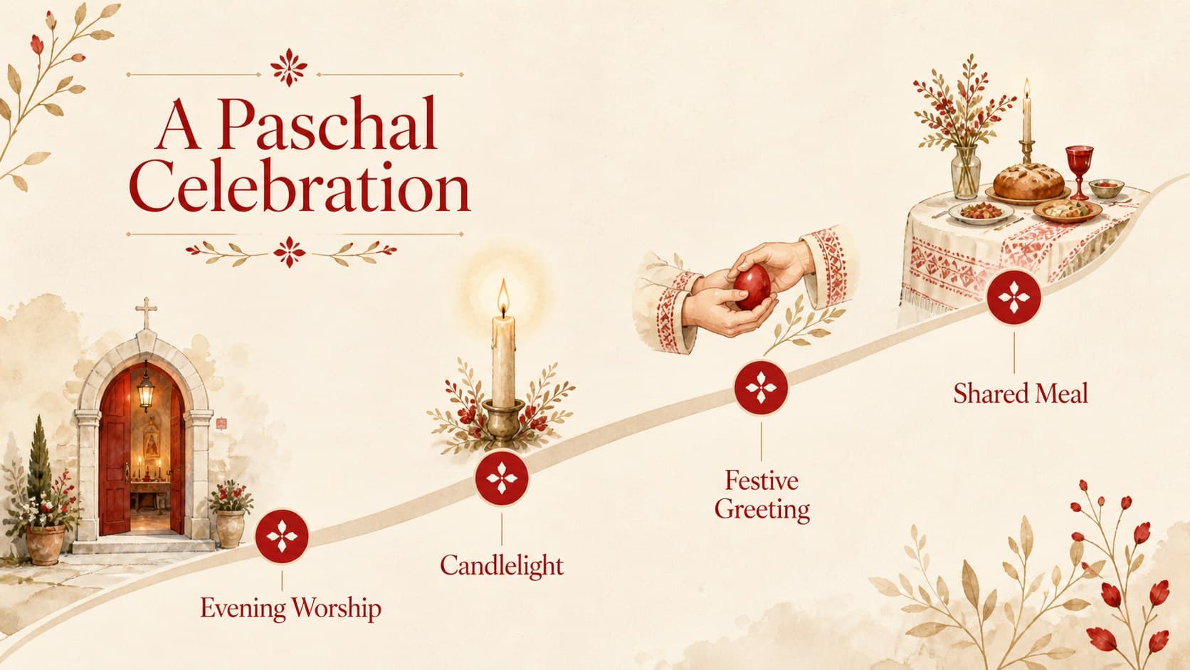 Paschal celebration timeline showing worship, candlelight, greetings, and a shared meal.