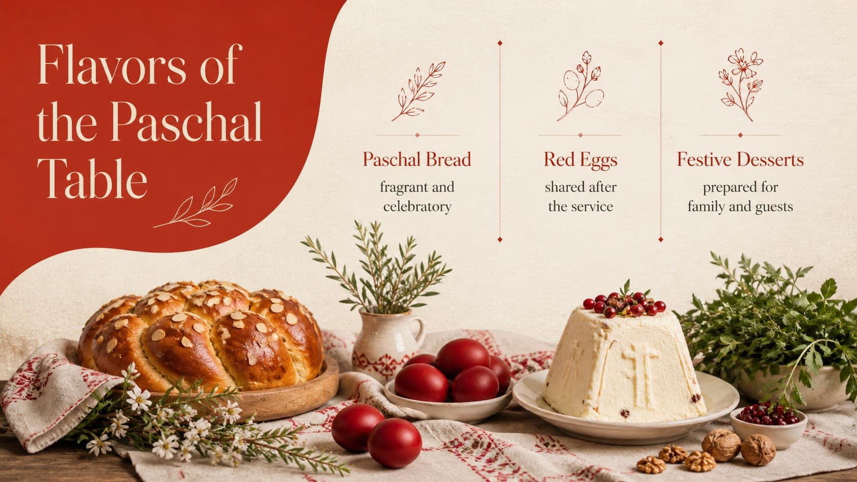Paschal feast and recipes slideshow page with bread, eggs, and celebration foods.
