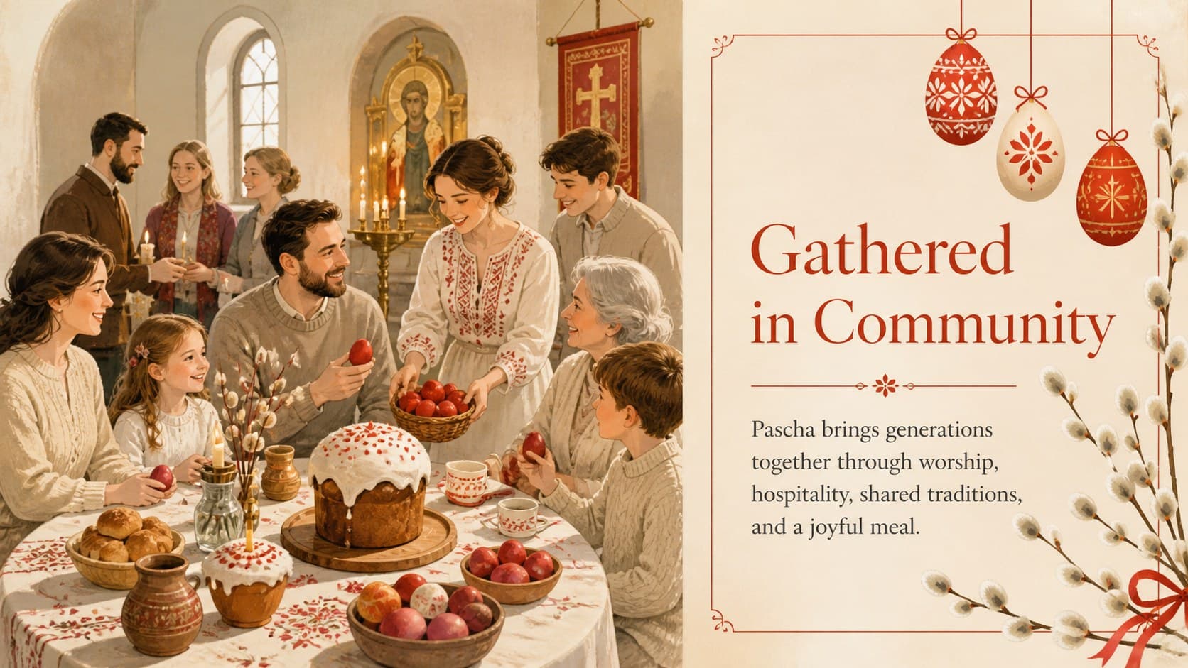 Community gathering slide for an Orthodox Easter event program with a new family illustration.