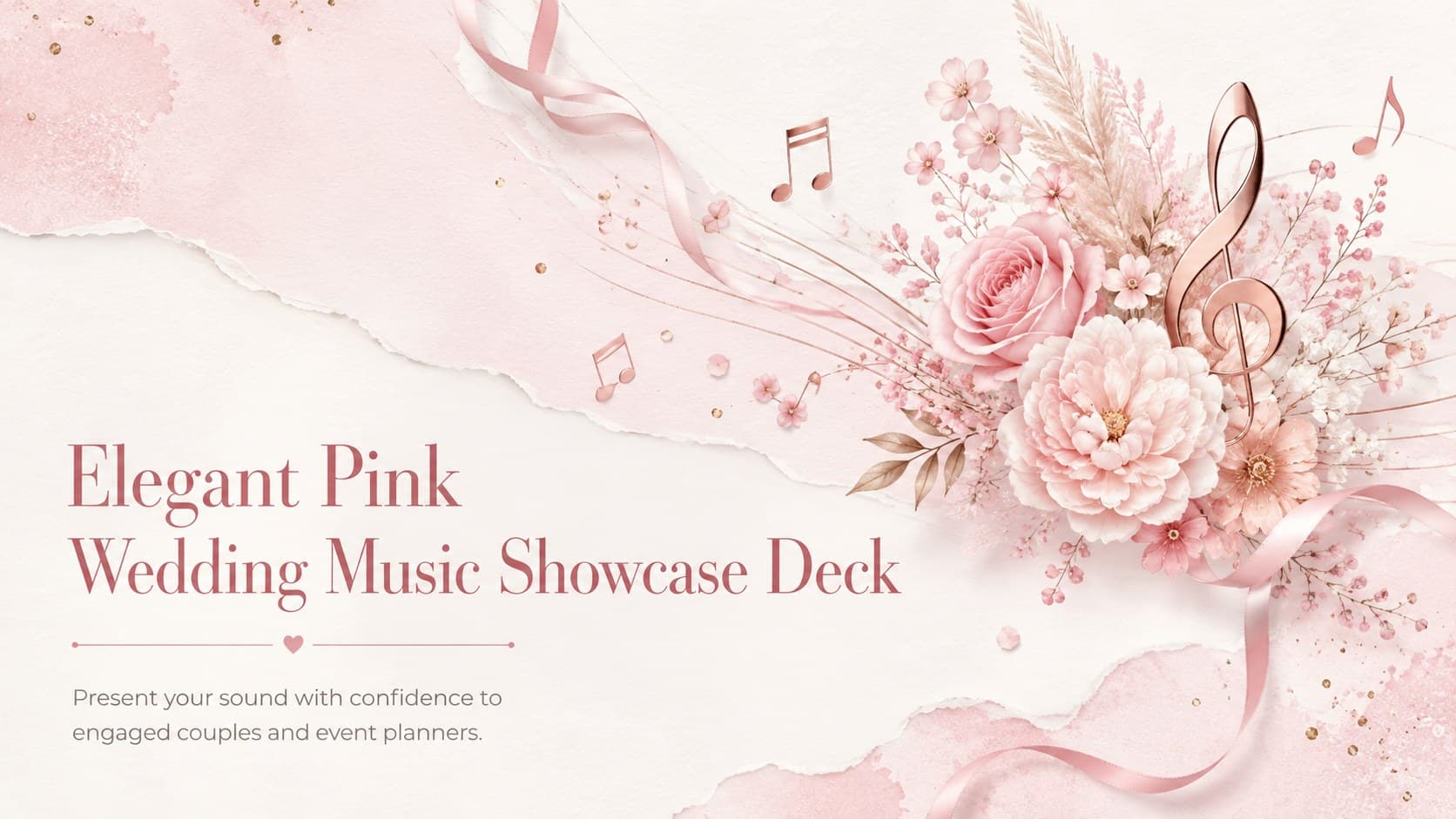 Cover of an elegant pink wedding music showcase deck with romantic typography and celebratory floral accents.