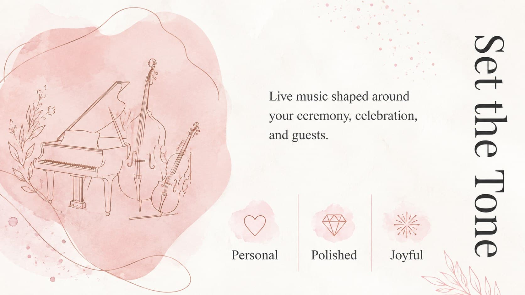 Pink wedding band pitch deck slide introducing the ensemble's approach to live celebration music.