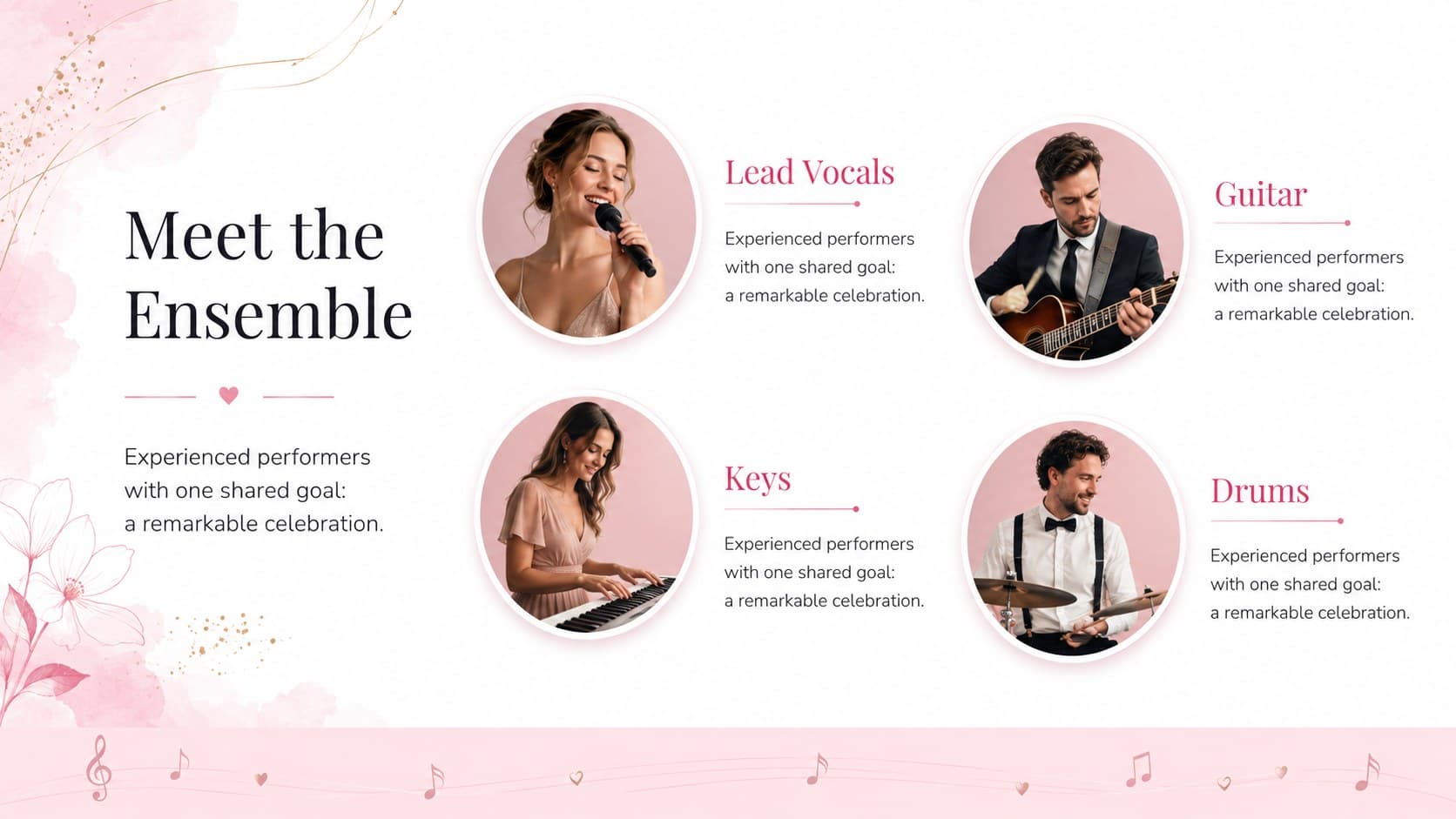 Wedding musician booking presentation slide with profiles for four ensemble members.