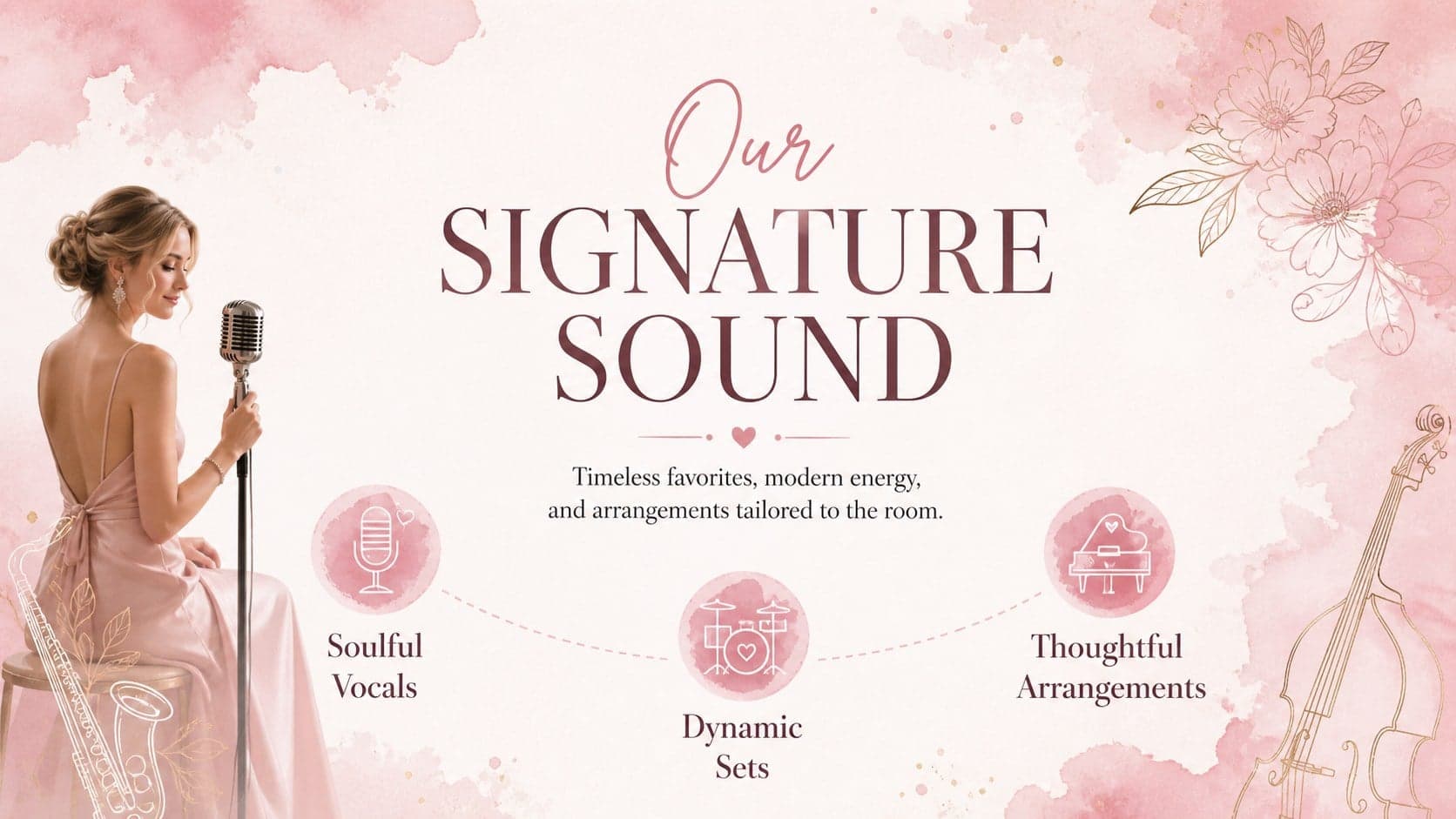 Romantic wedding music showcase slide describing the band's signature sound and performance style.