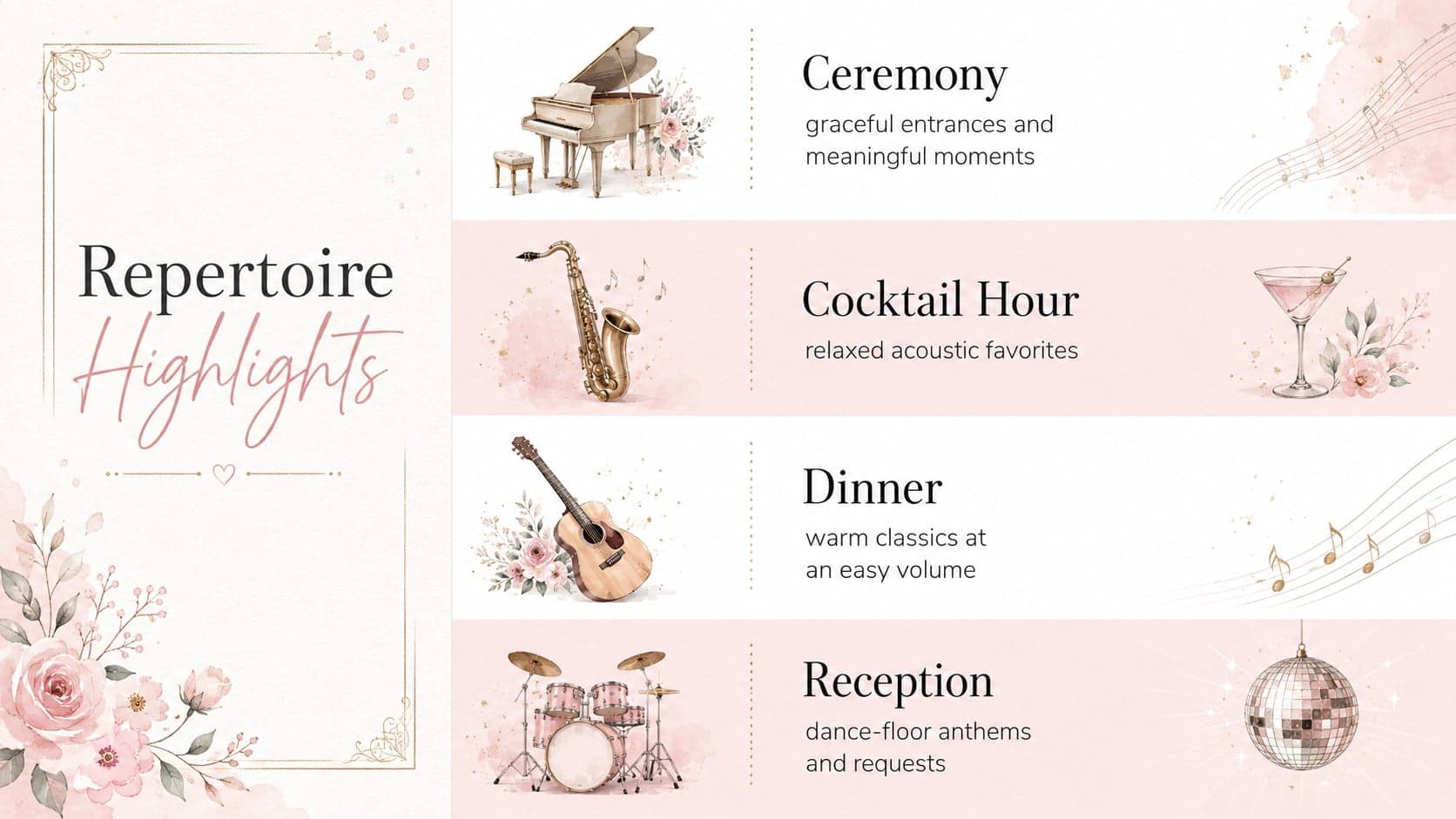 Elegant pink repertoire slide listing ceremony, cocktail hour, dinner, and reception music options.