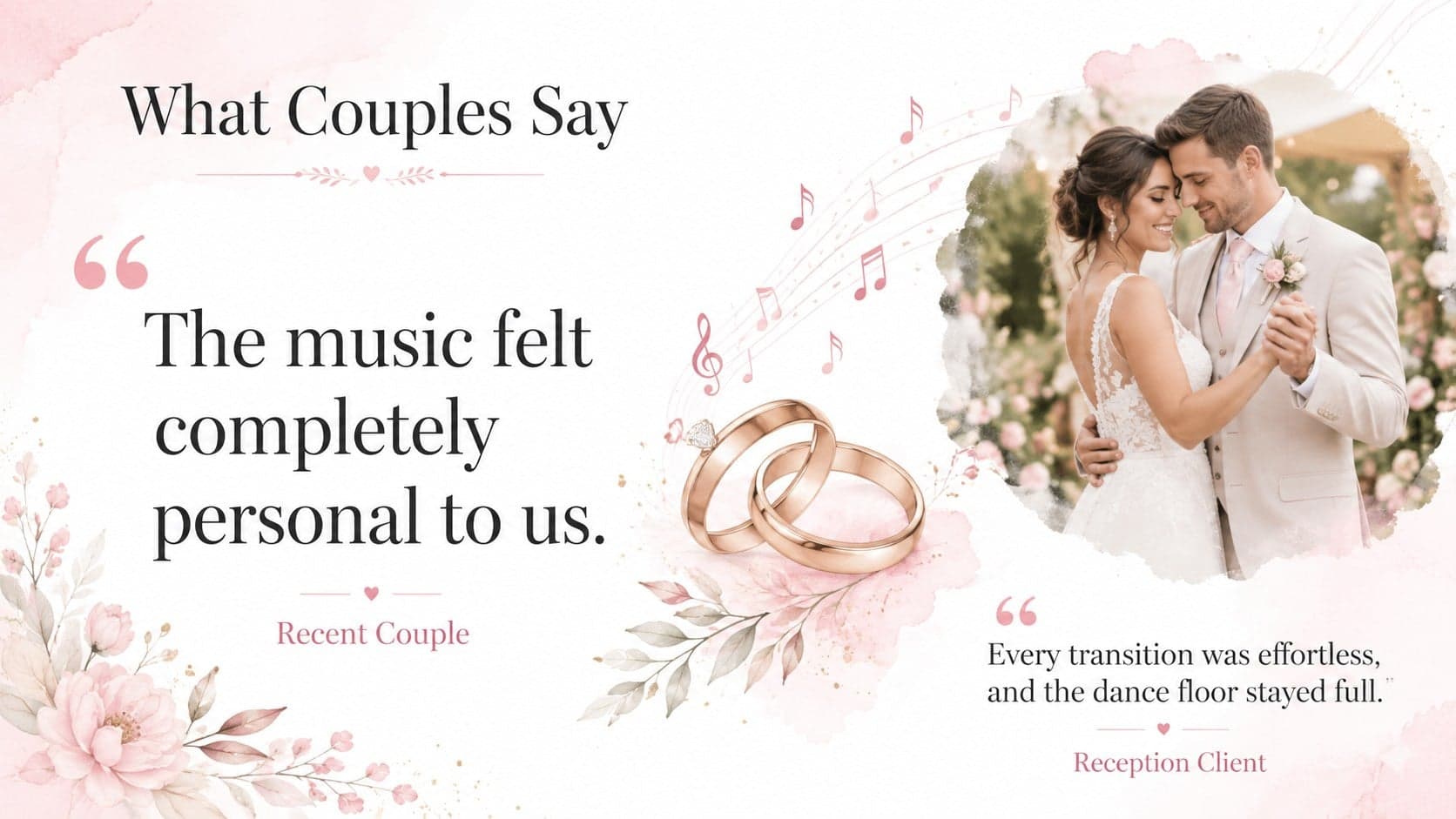 Pink music portfolio presentation slide featuring editable testimonials from wedding couples.