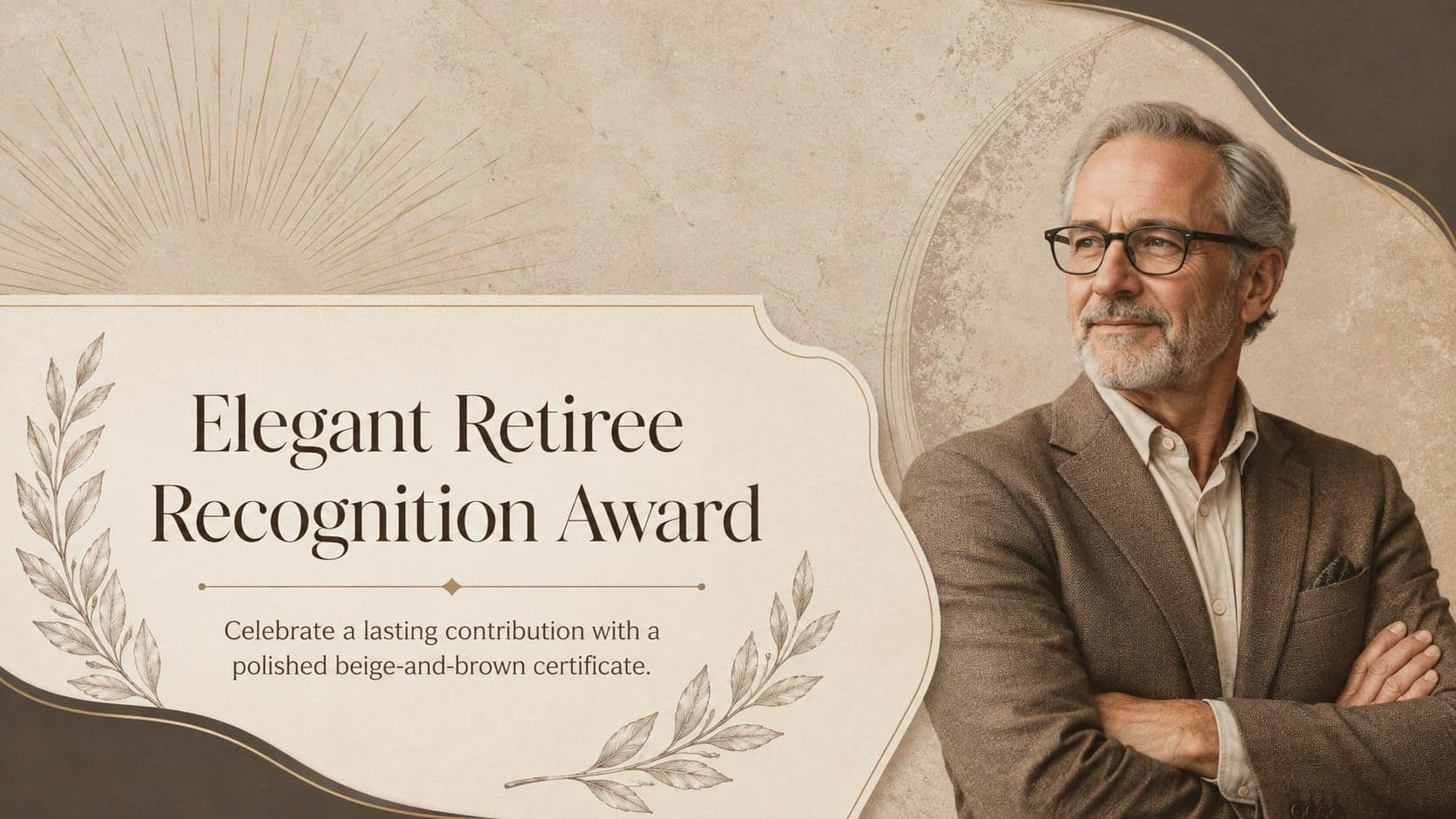 Cover for an elegant retiree recognition award in a refined beige and brown certificate style.
