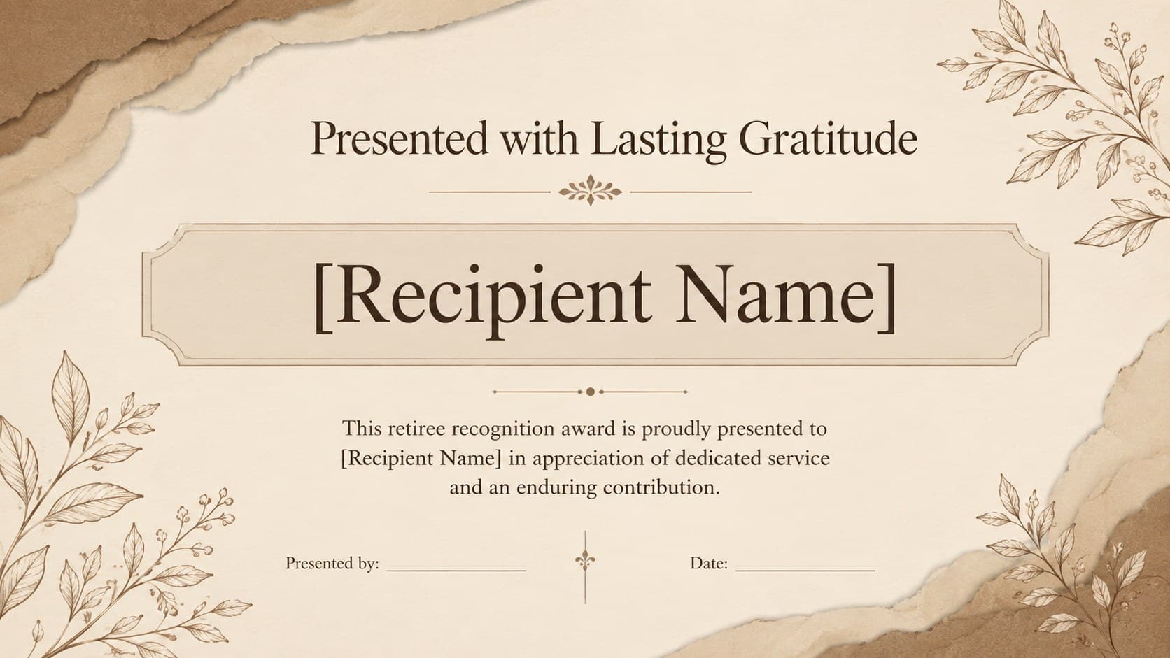 Formal retiree recognition award certificate with a recipient name, service message, and signature lines.