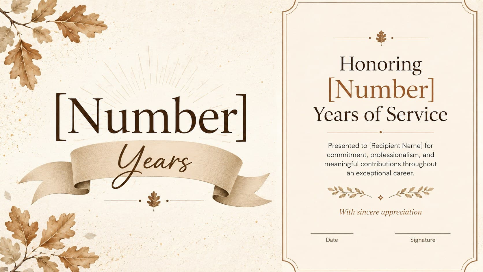 Years of service retirement award featuring an elegant typographic layout and milestone details.