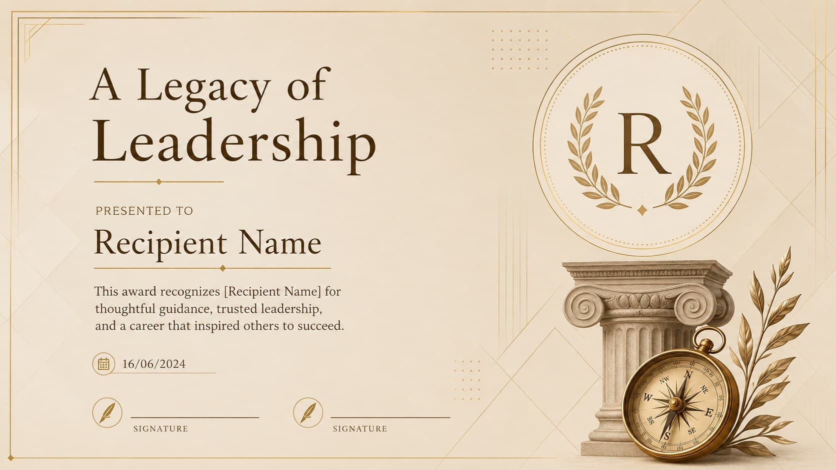 Leadership legacy retiree recognition award with classic beige and brown decorative elements.