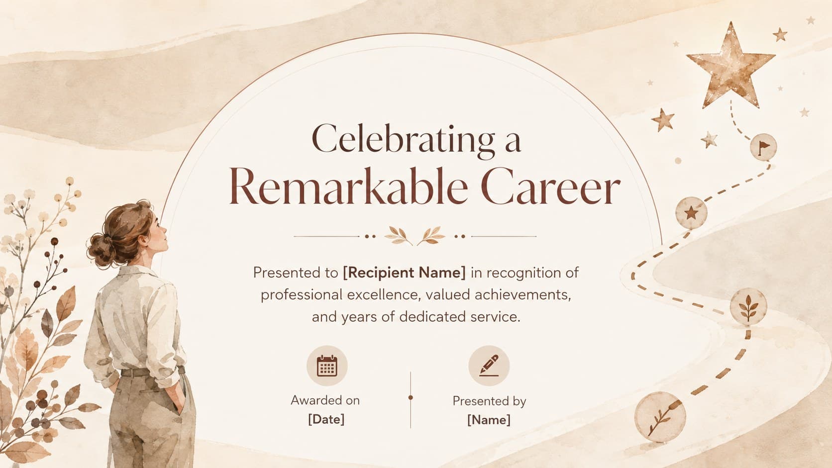 Career milestone retirement certificate with editable recipient, date, and presenter information.