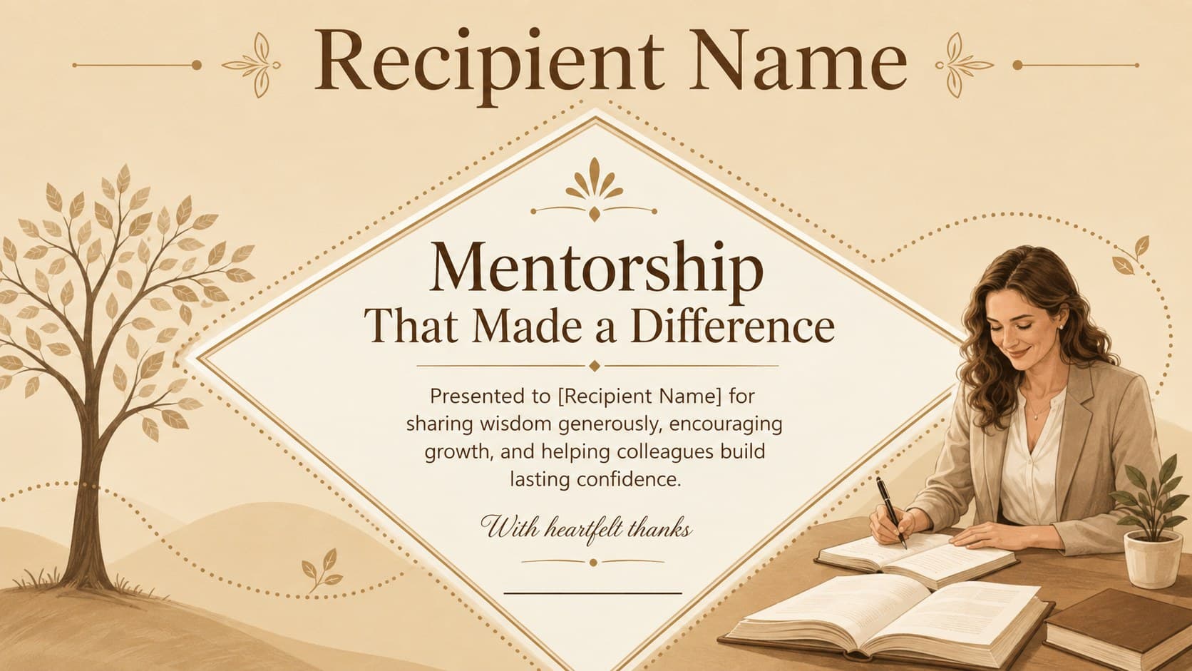 Mentorship appreciation certificate in an elegant beige and brown retirement award style.