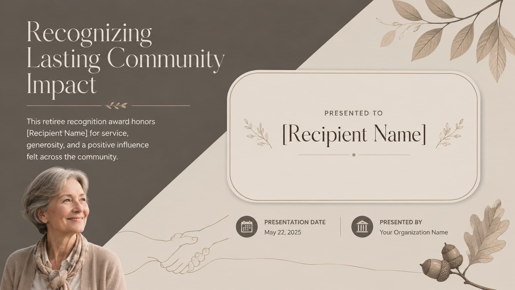Community impact retiree recognition award with botanical accents and a formal message.