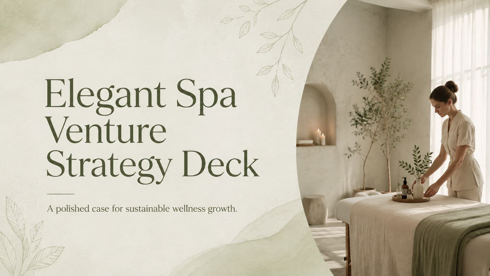 Cover of an elegant spa venture strategy deck with tranquil wellness photography and a pastel green editorial layout.