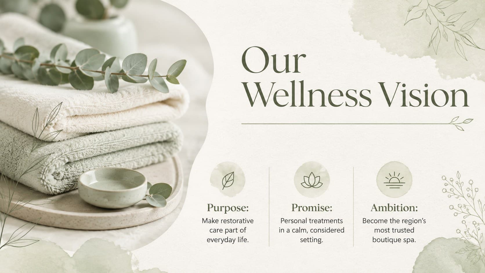 Spa venture vision slide outlining a premium wellness concept, mission, and long-term ambition.