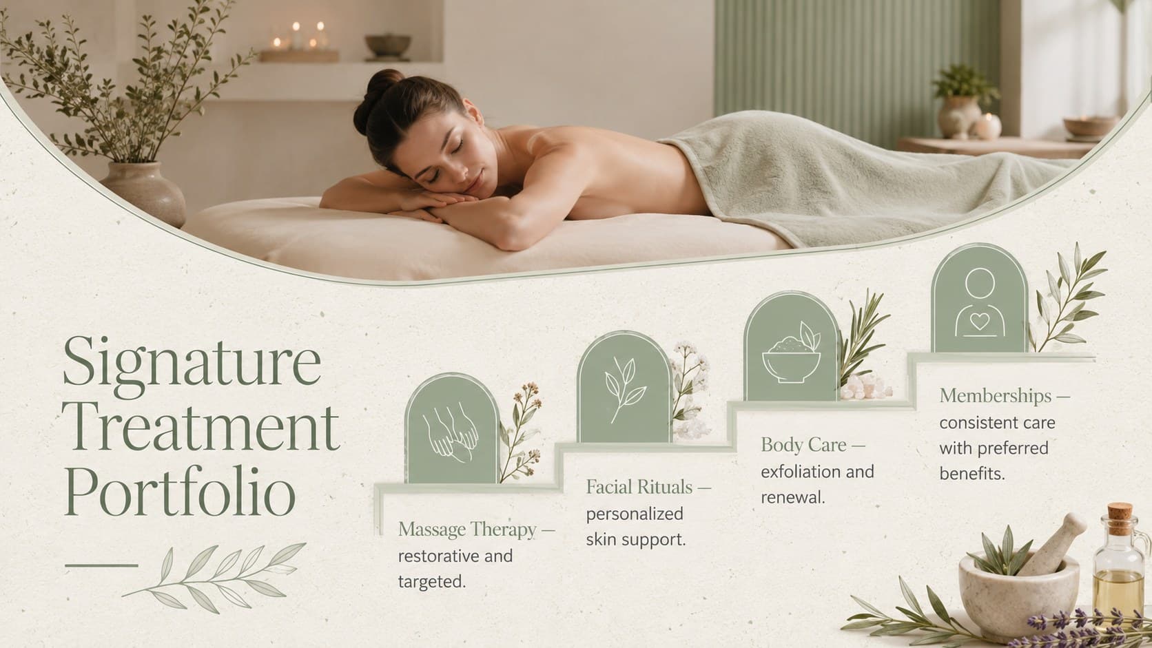 Spa services strategy slide organizing massage, skincare, body care, and membership offerings.
