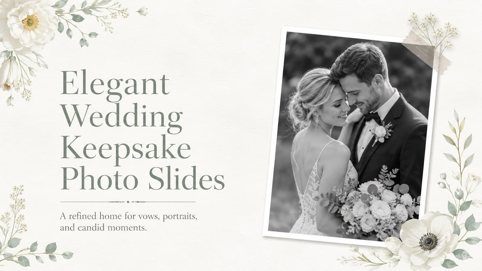 Cover for Elegant Wedding Keepsake Photo Slides with a romantic portrait area and delicate white floral styling.