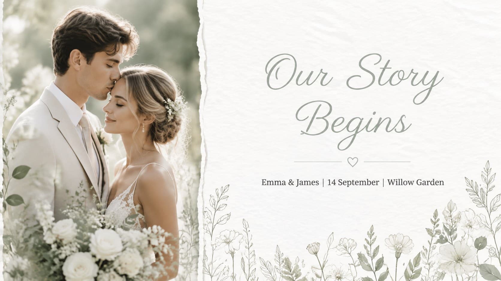 Wedding keepsake introduction slide presenting the couple's names beside an elegant engagement portrait.