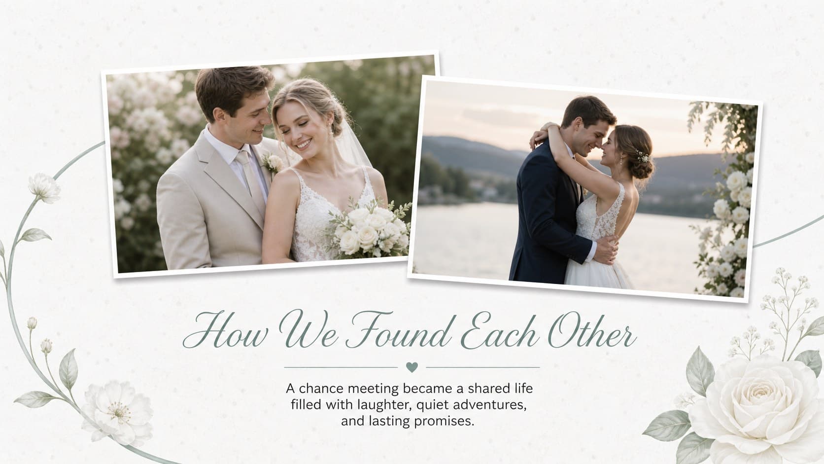 Elegant wedding memory presentation slide featuring a short love story and two coordinated photographs.