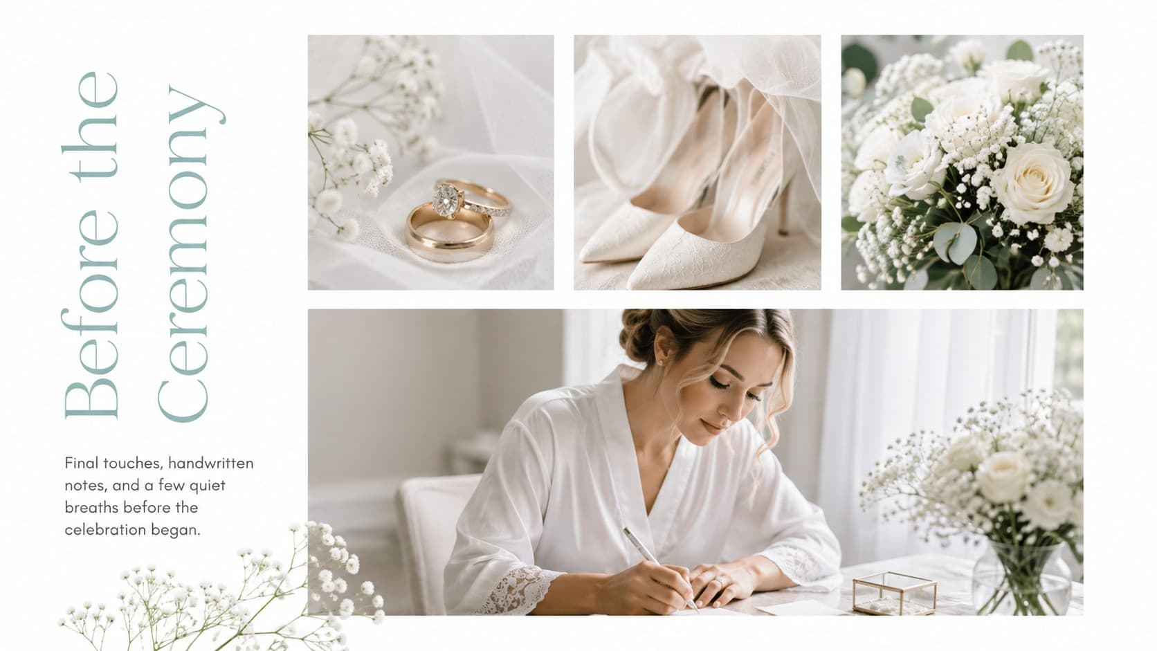 Minimal bridal photography presentation layout showing preparation portraits and small detail images.