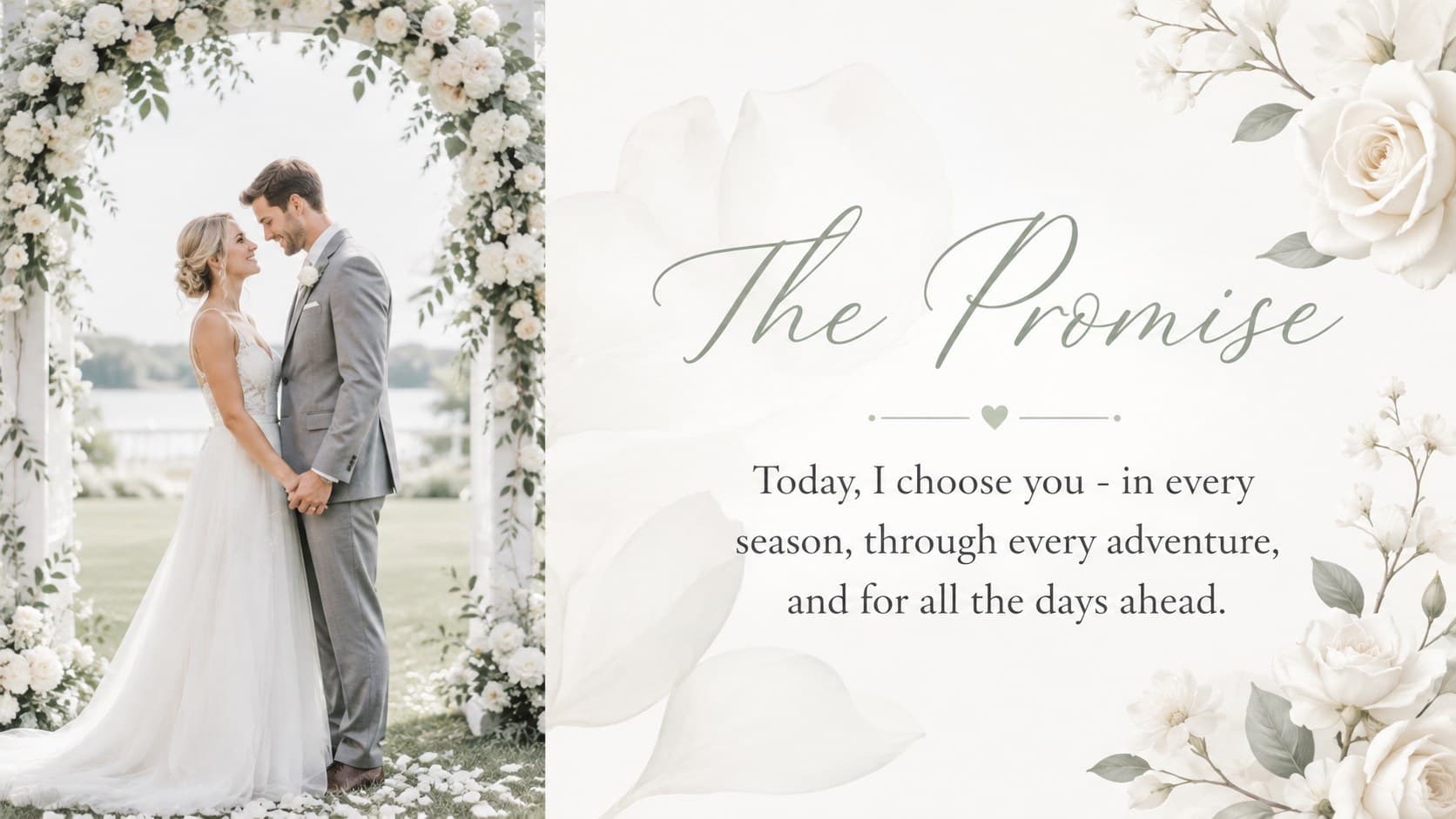 White floral wedding slideshow page highlighting ceremony vows with a full-height couple portrait.
