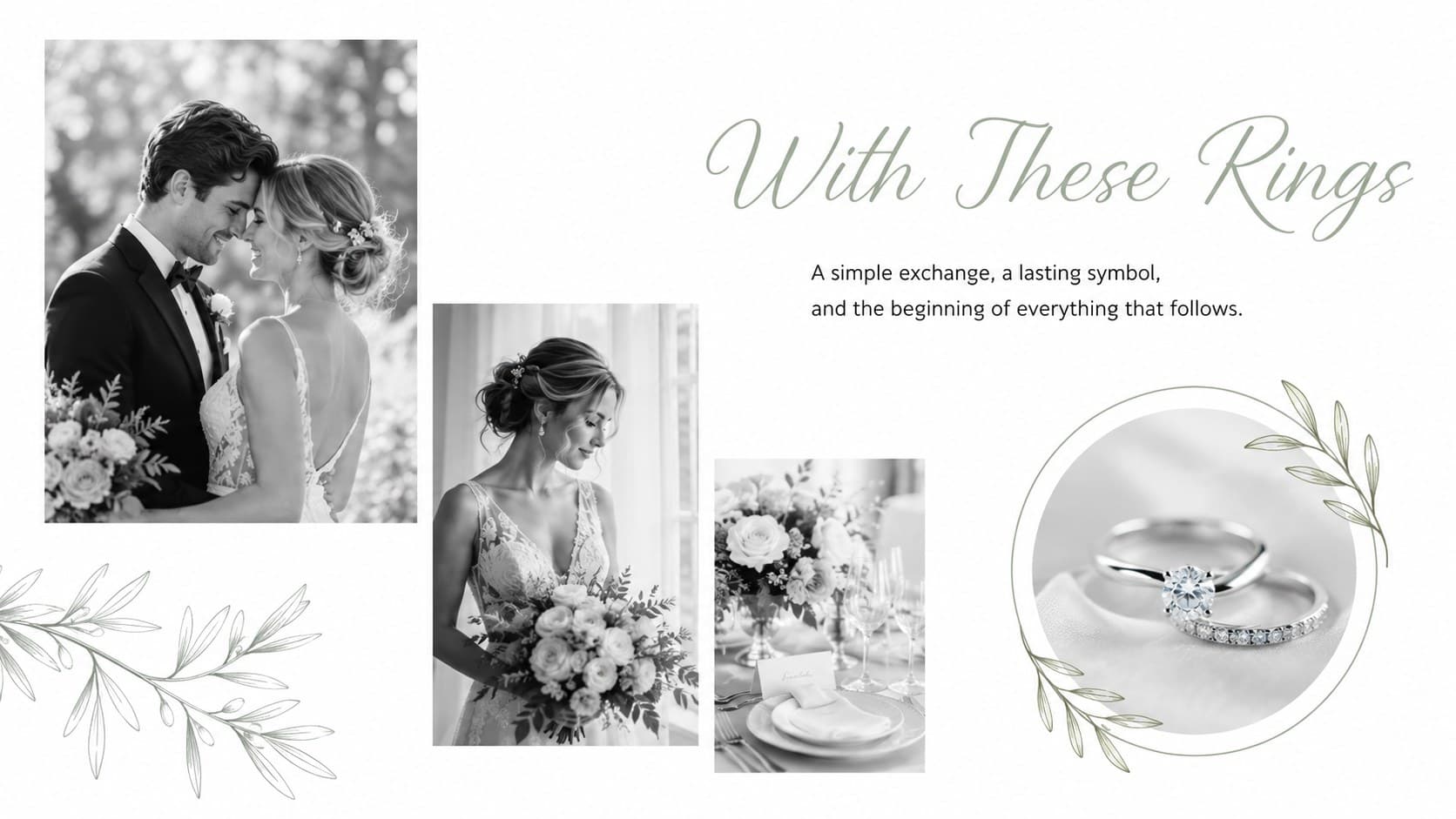 Romantic ceremony photo deck slide with three images documenting the exchange of rings.