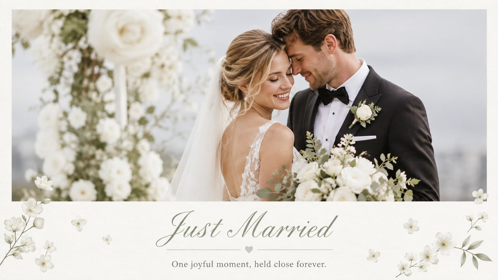 Wedding day photo story template page showcasing the newlywed couple in a spacious editorial layout.