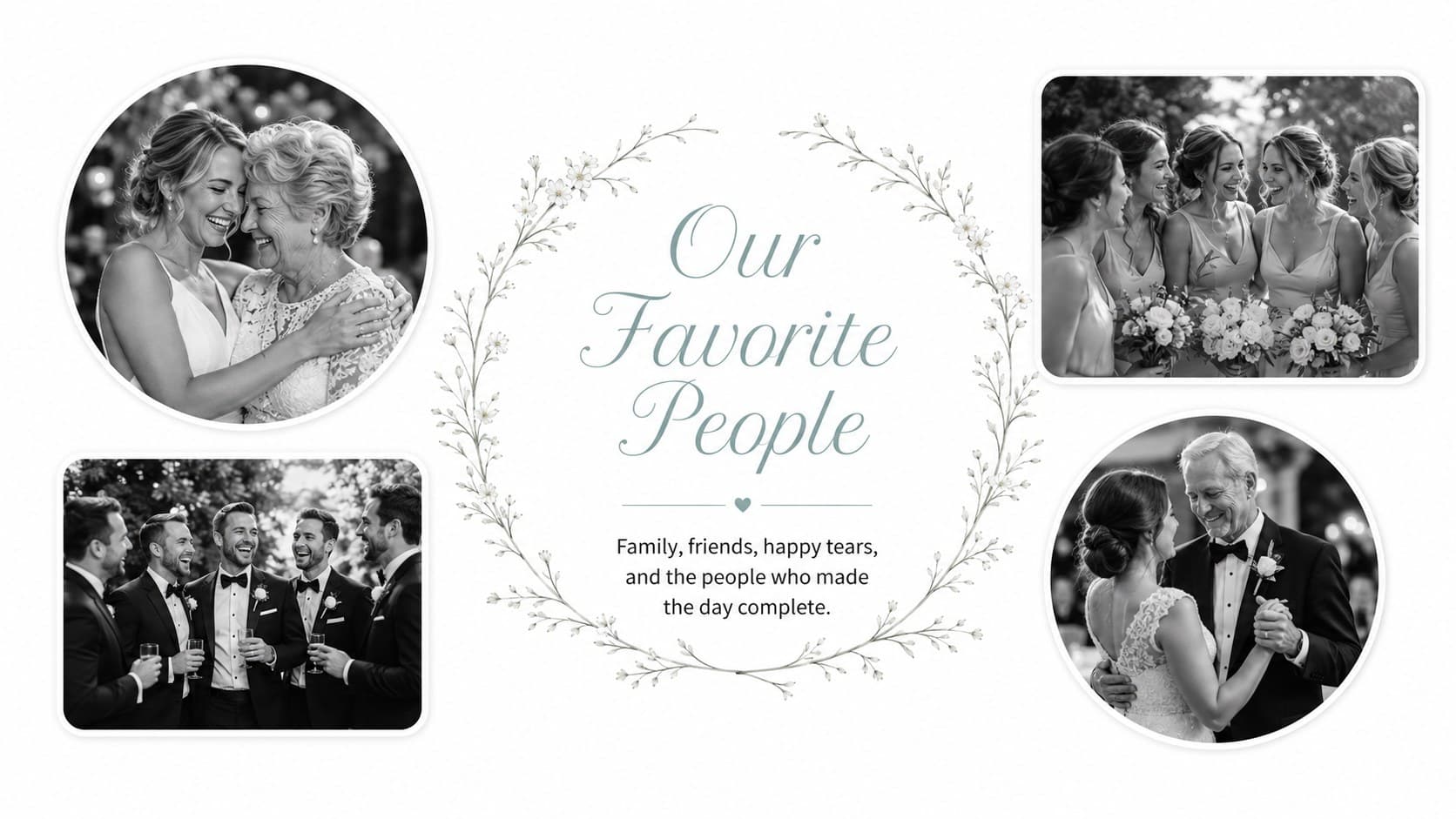 Elegant wedding keepsake collage featuring family members and the wedding party.