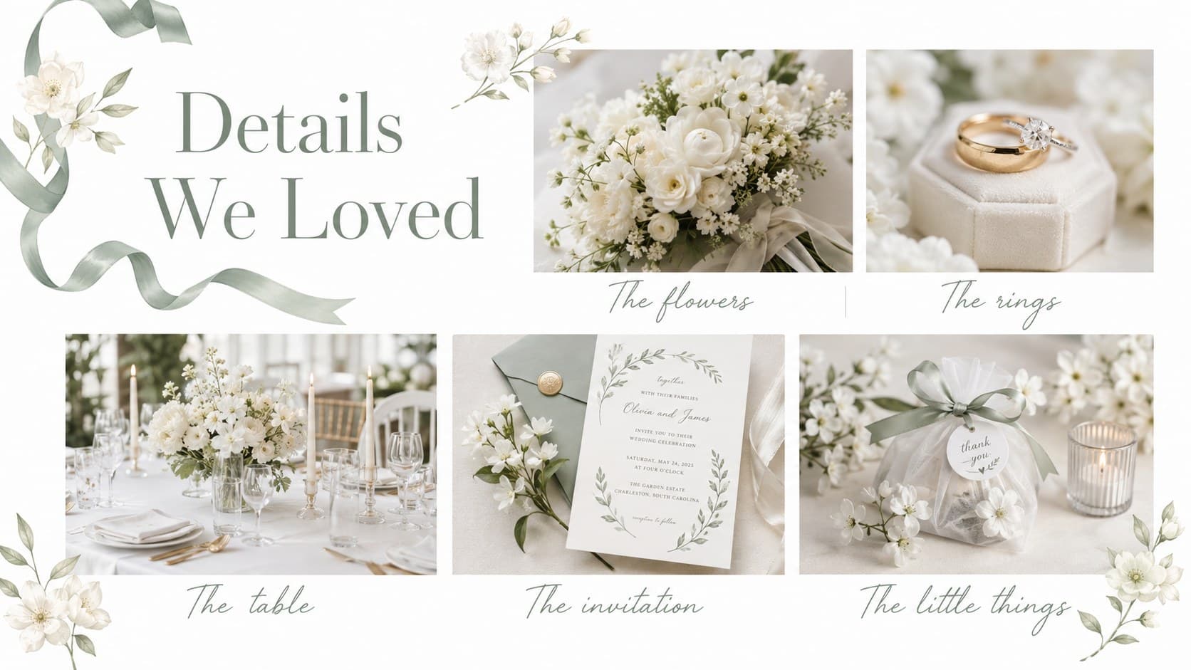 Wedding detail collage displaying flowers, rings, stationery, and table settings in a white botanical theme.