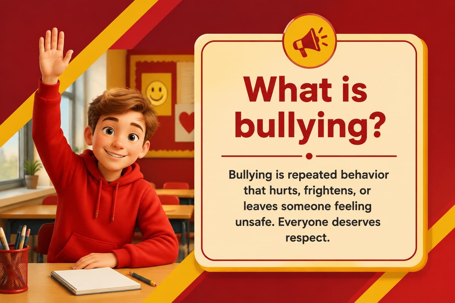 Definition slide explaining bullying through a simple child-friendly classroom example.