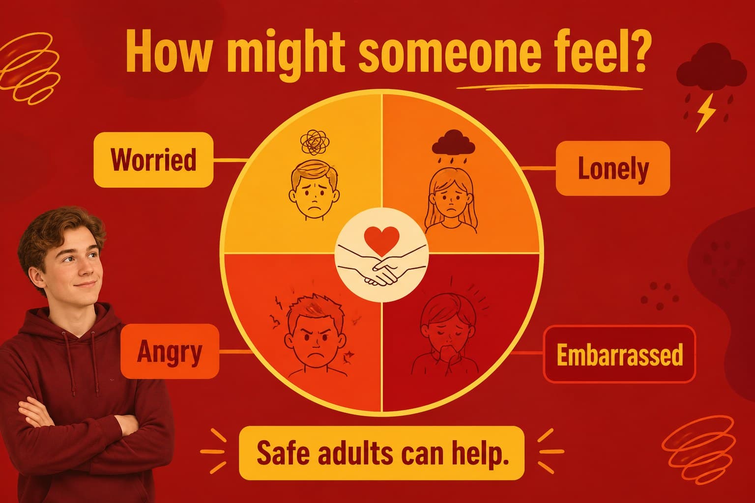Feelings vocabulary slide helping children identify emotions connected to exclusion and unkind behavior.
