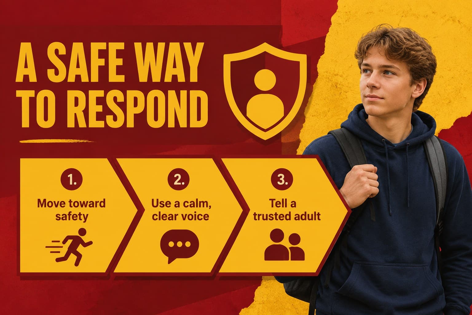 Safe response slide presenting clear steps for getting help when bullying happens.