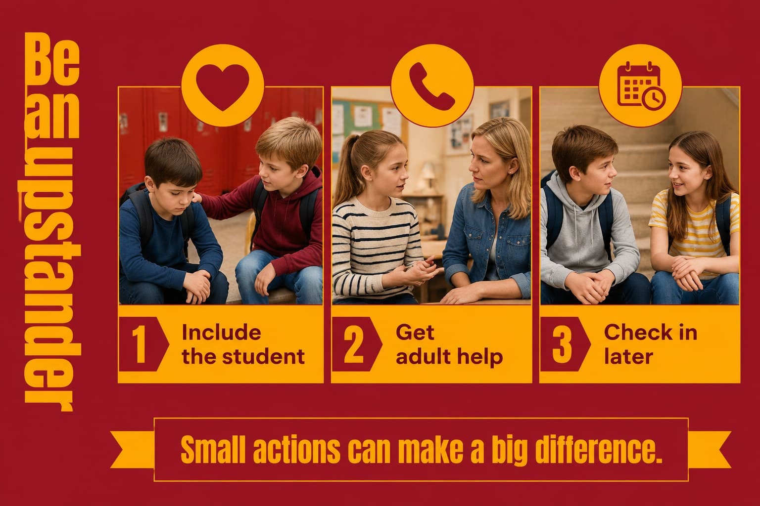 Bystander choices slide showing helpful actions children can take during a bullying situation.