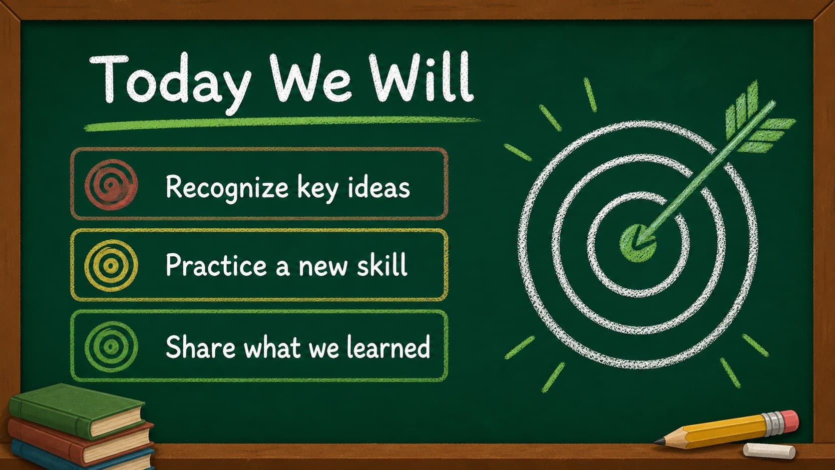 Lesson goals slide showing classroom objectives in a green and brown elementary teaching presentation.