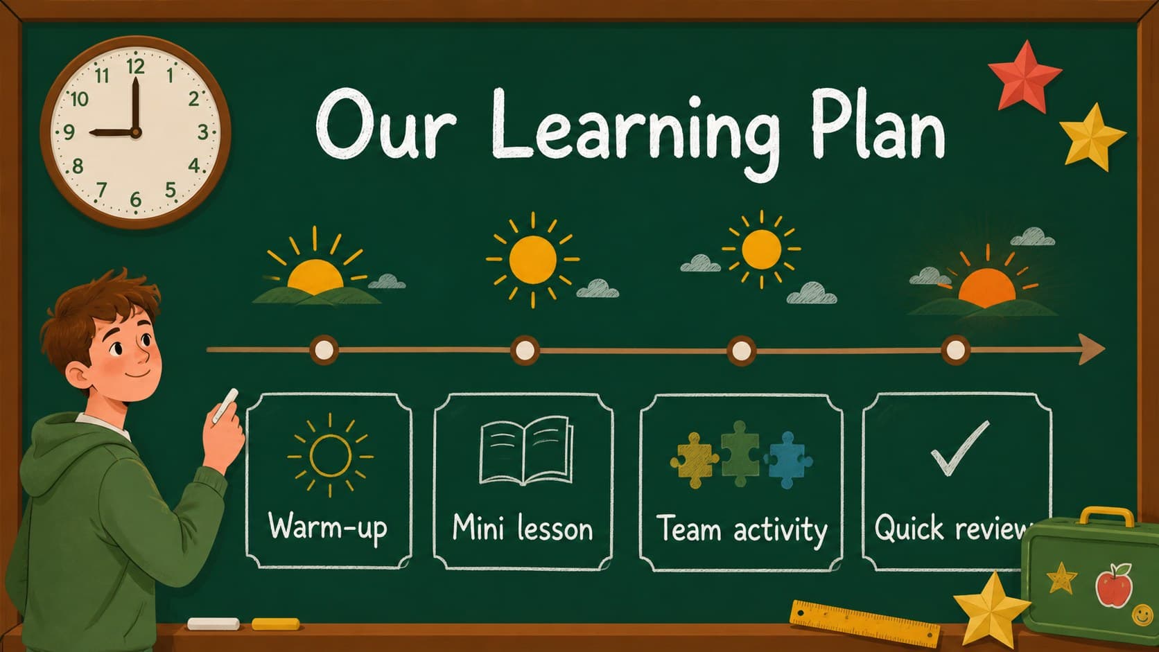 Class agenda slide with a chalkboard timetable for an elementary lesson presentation.