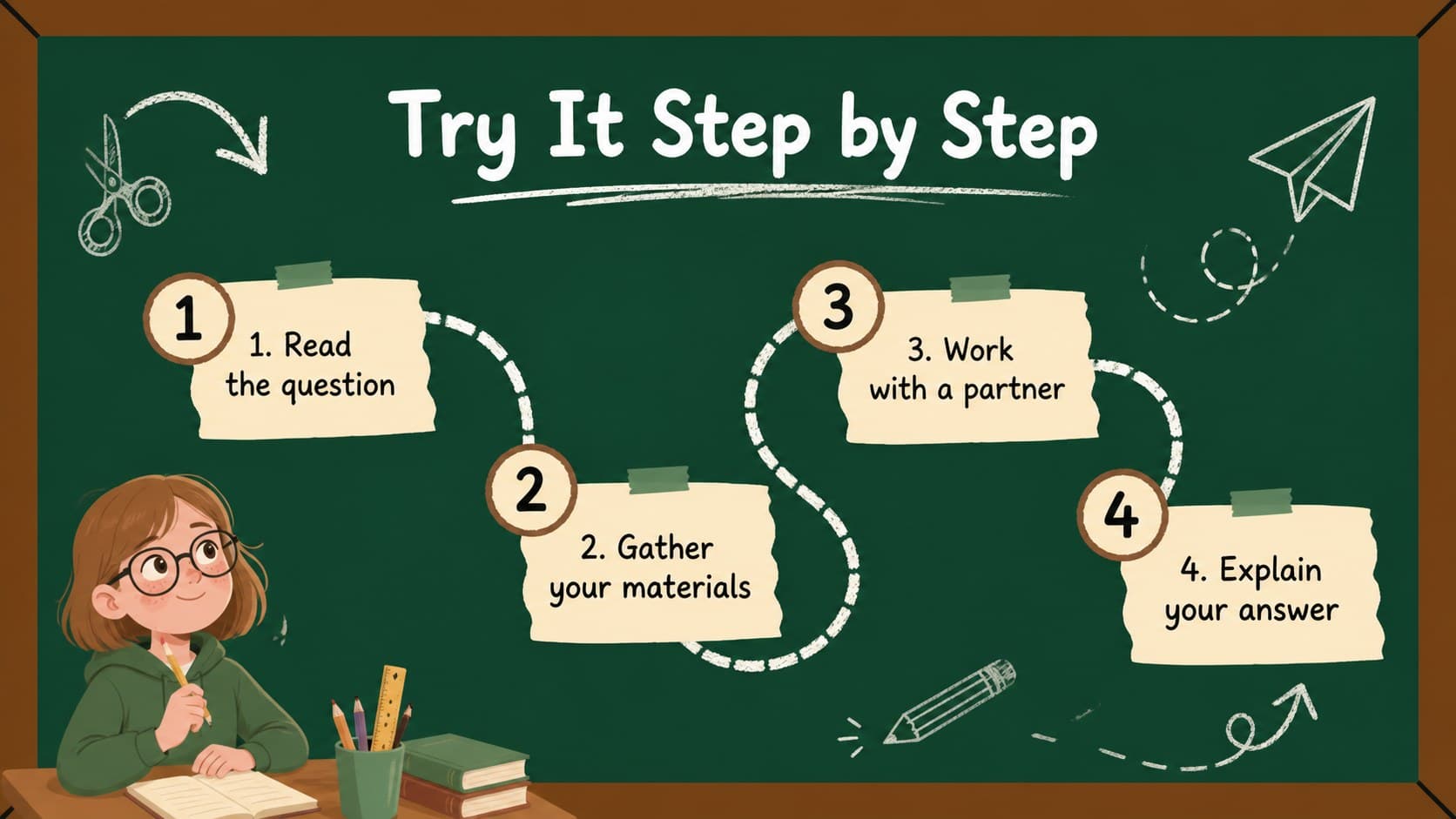 Step-by-step instruction slide for an elementary classroom activity in a green chalkboard style.