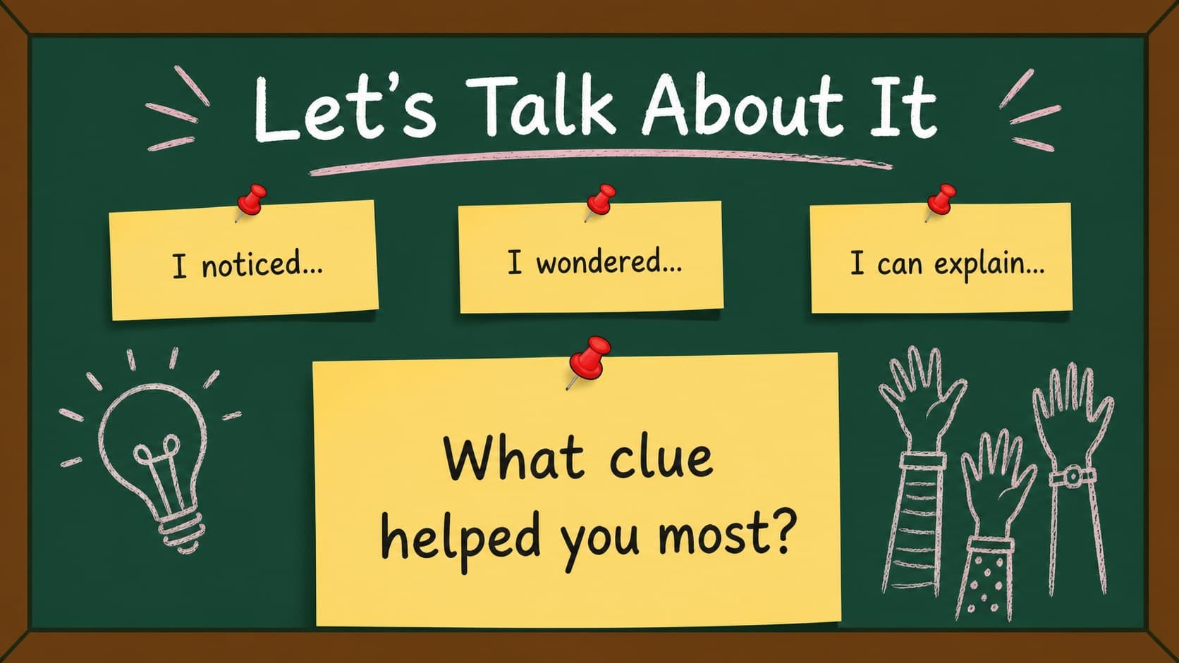 Class discussion slide with a chalkboard question prompt and playful elementary school doodles.