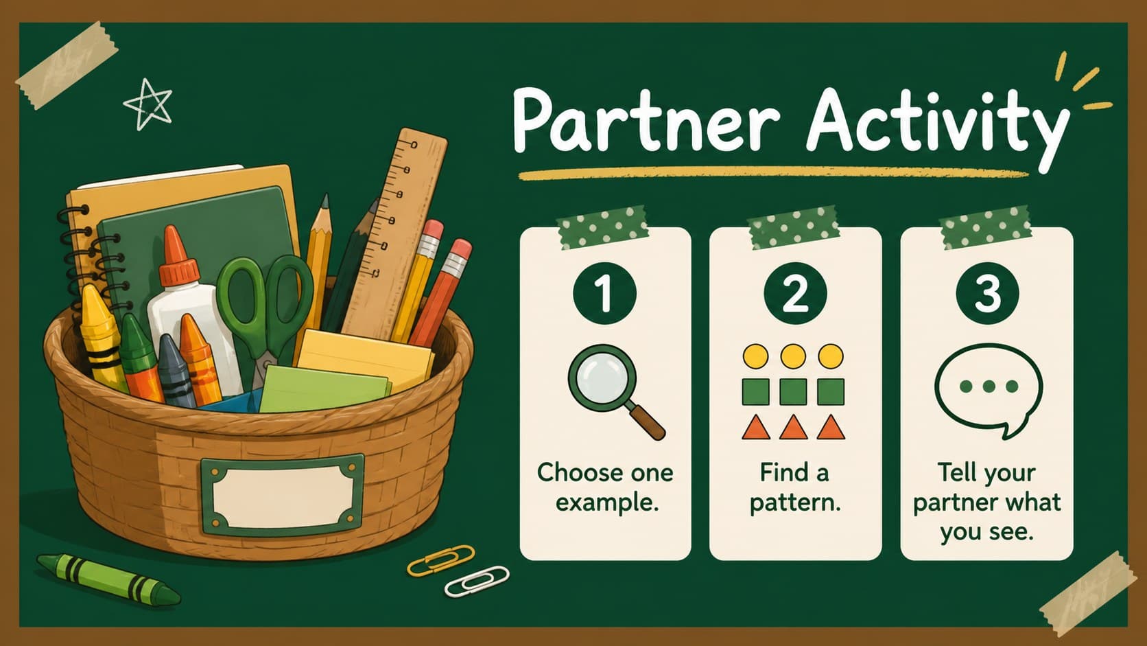 Activity directions slide for a playful primary school lesson deck with green and brown accents.