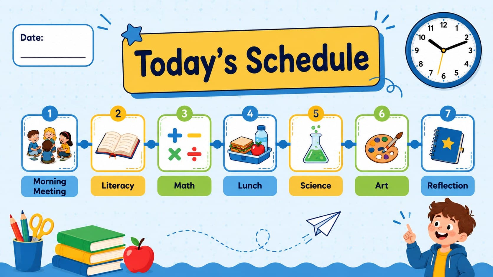 Blue and yellow daily lesson schedule template for elementary teachers.