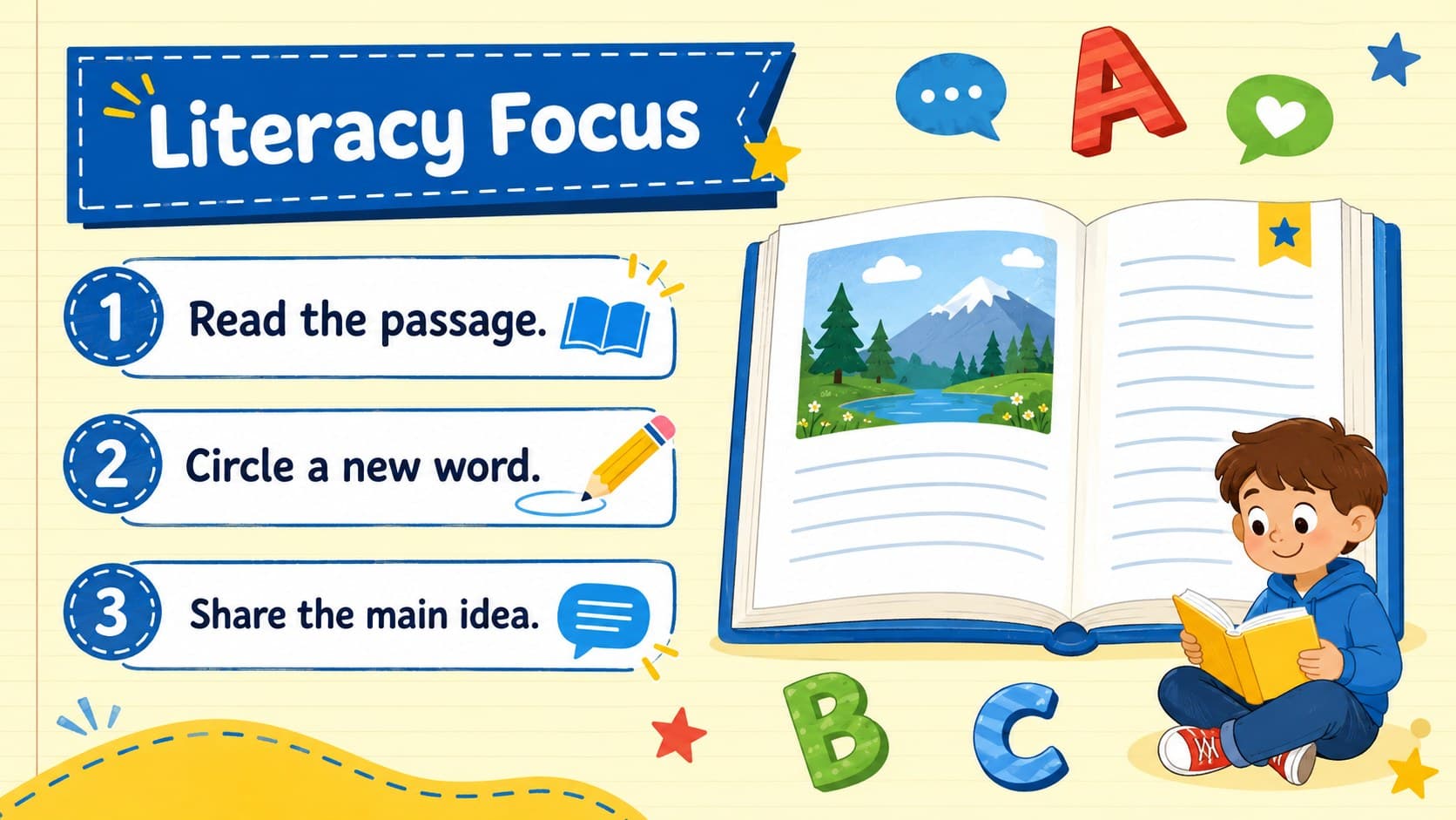 Illustrated literacy activity page for an editable elementary subject presentation.