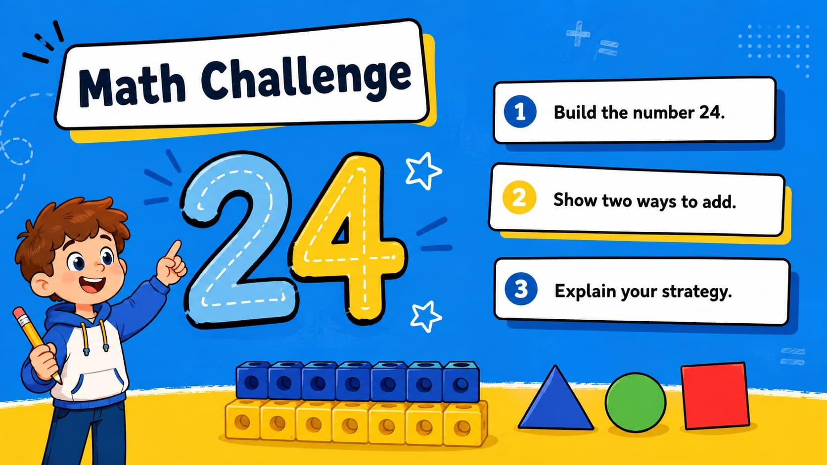 Colorful elementary math activity slide with three student-friendly problem prompts.