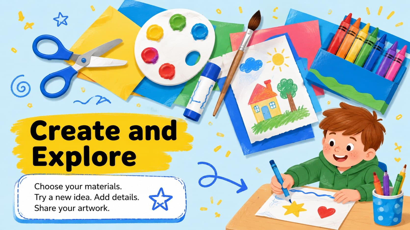 Elementary classroom planner slide introducing a colorful art project.