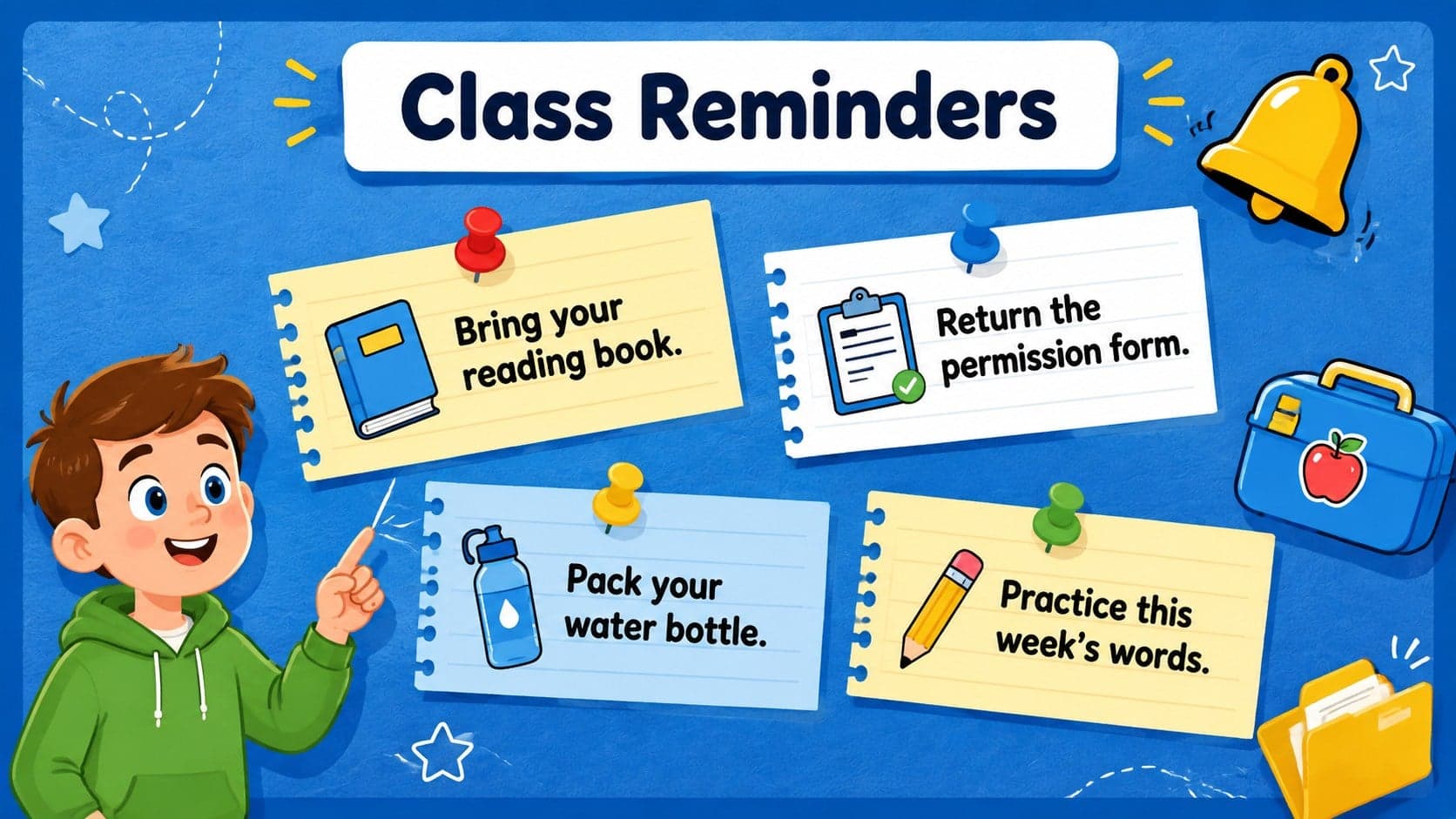 Teacher reminder page with homework and classroom preparation notes.