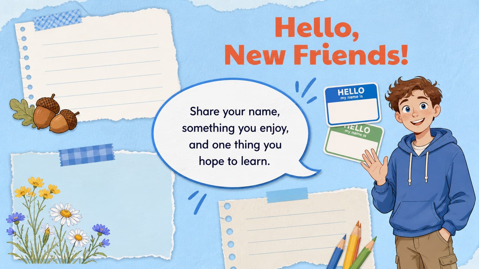 First day of school activity slide with simple prompts for elementary student introductions.