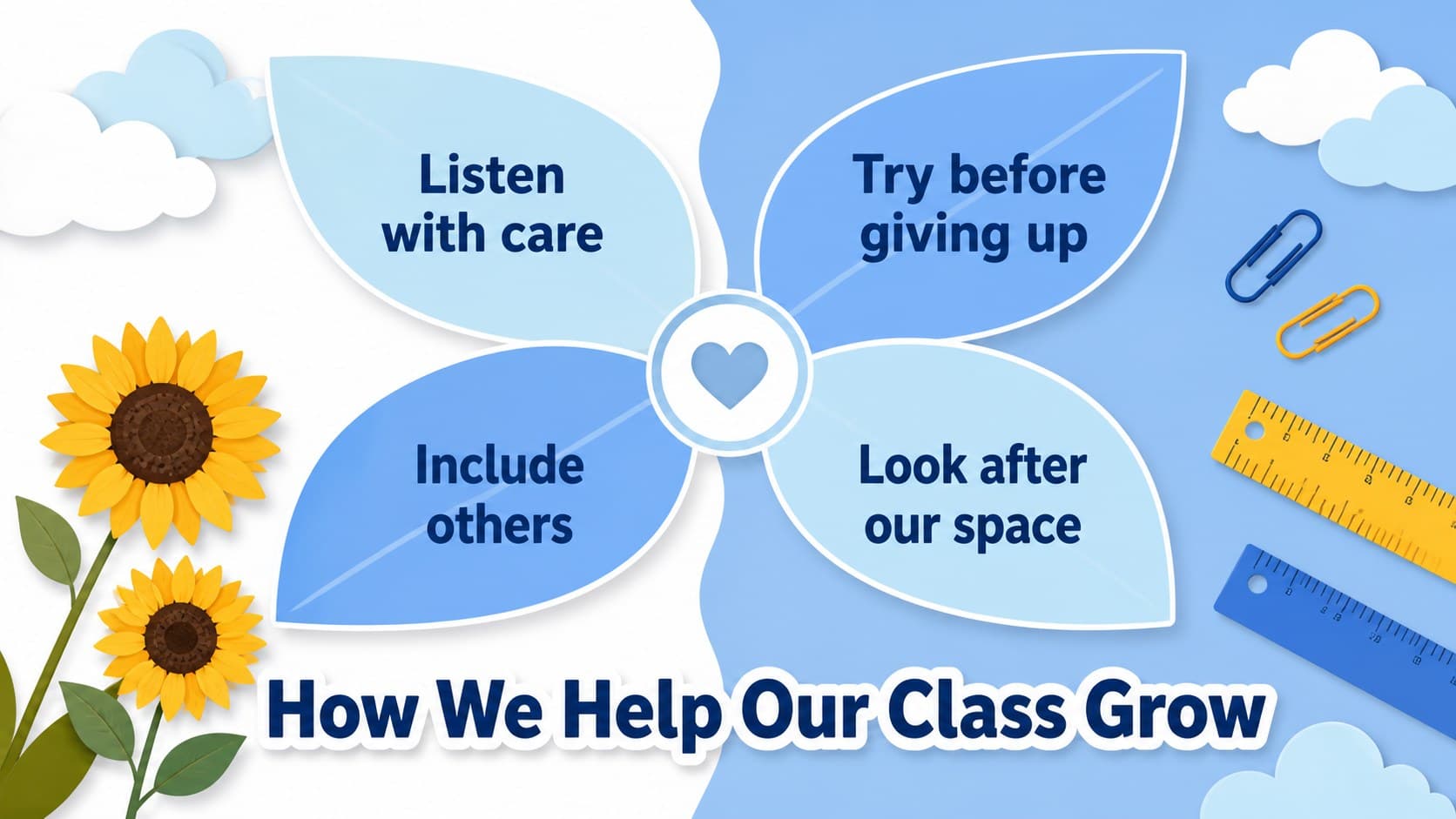 Back to school classroom presentation slide listing shared expectations in a colorful illustrated layout.
