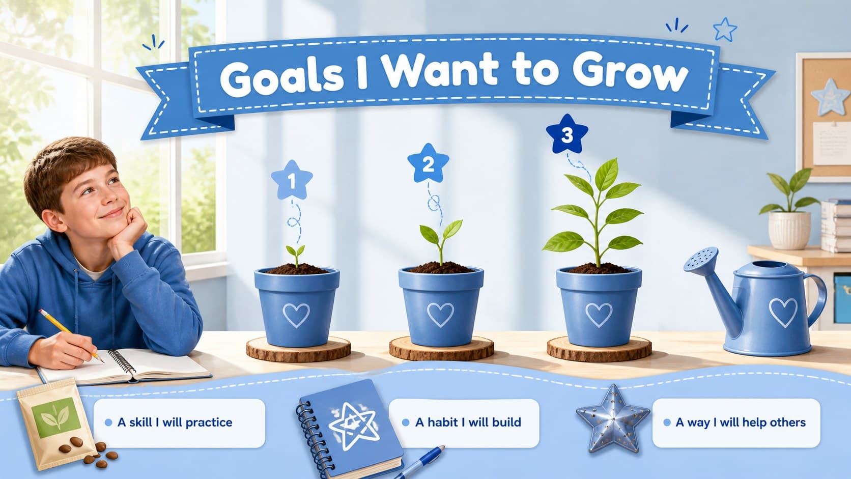 Student welcome activity template showing three learning goals as illustrated growing plants.
